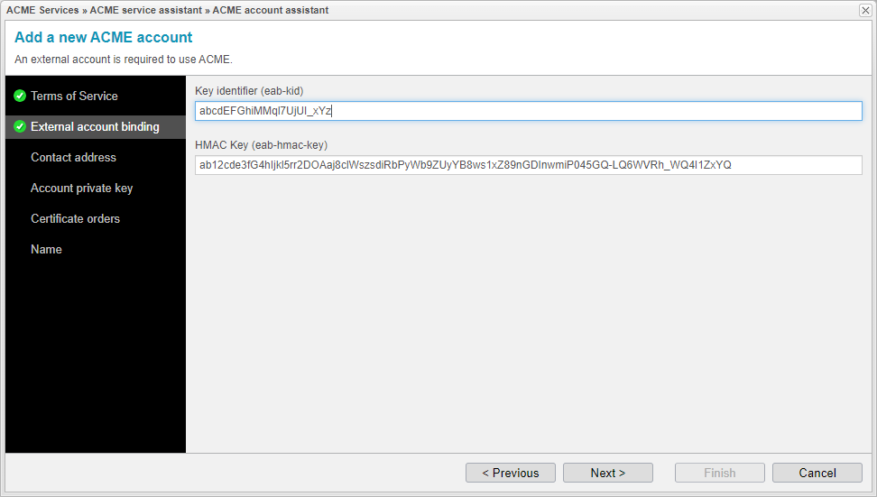 Screenshot: anynode ACME account assistant with external account binding credentials.