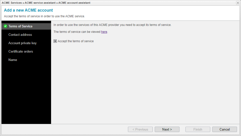 Screenshot: anynode ACME account assistant with terms of service for the chosen ACME provider.