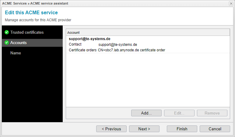 Screenshot: anynode ACME service assistant with account management for the chosen ACME provider