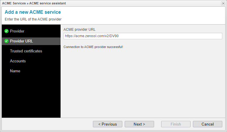 Screenshot: anynode ACME service assistant with ACME provider URL input field.