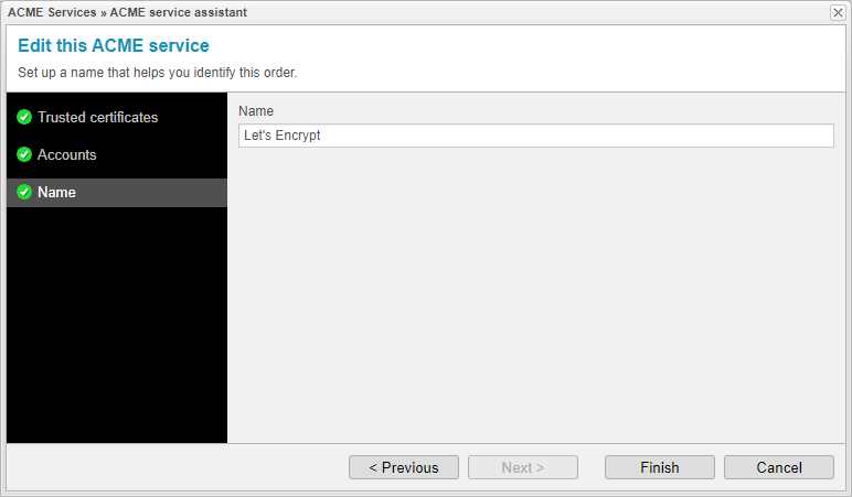 Screenshot: anynode ACME service assistant with ACME service name setup.