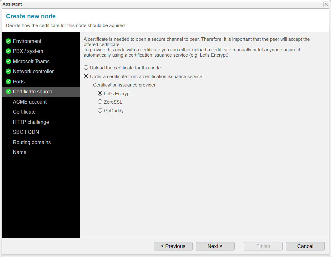 Screenshot: anynode assistant for a new node with option to order a certificate from a certification issuance provider like Let's Encrypt, ZeroSSL or GoDaddy.