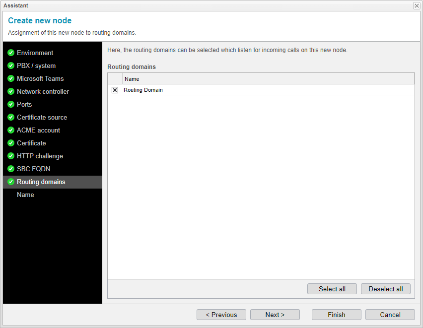 Screenshot: anynode assistant for a new node with selection of the routing domains which listen for incoming calls.