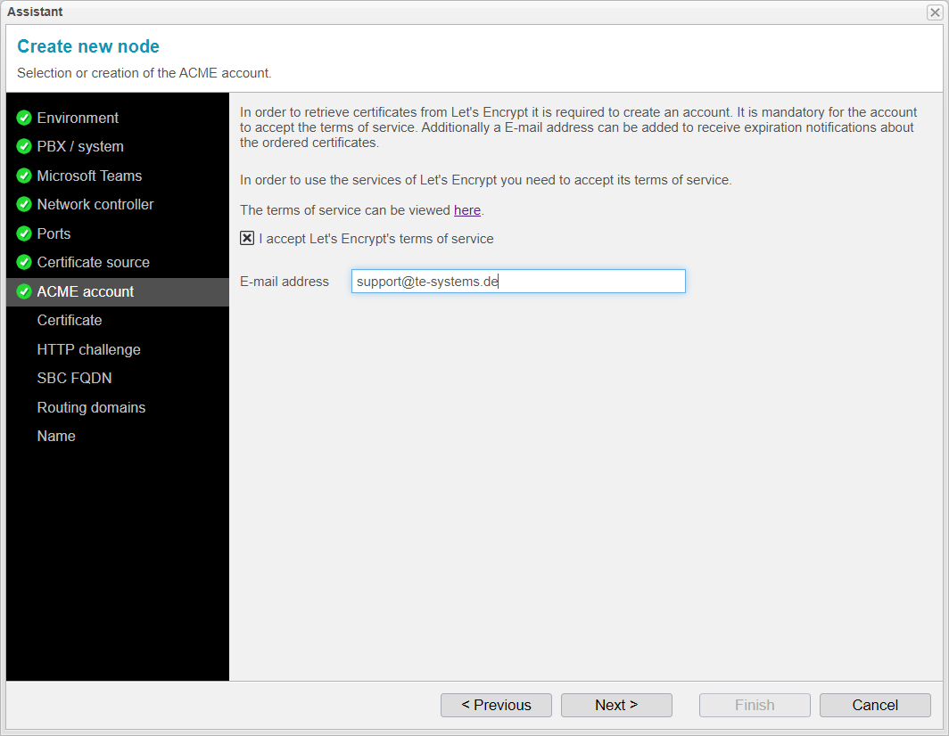 Screenshot: anynode assistant for a new node with selection or creation of the ACME account to retrieve certificates from Let's Encrypt.