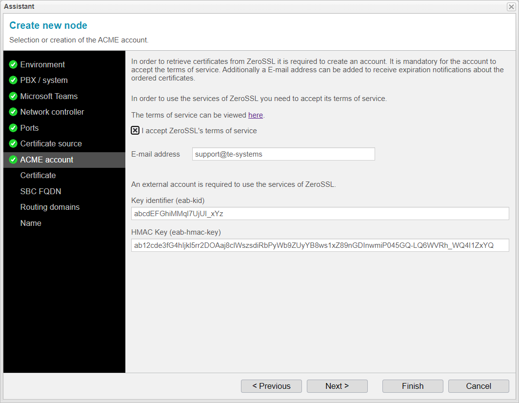 Screenshot: anynode assistant for a new node with selection or creation of the ACME account to retrieve certificates from ZeroSSL. 