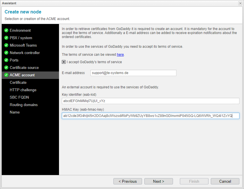 Screenshot: anynode assistant for a new node with selection or creation of the ACME account to retrieve certificates from GoDaddy.