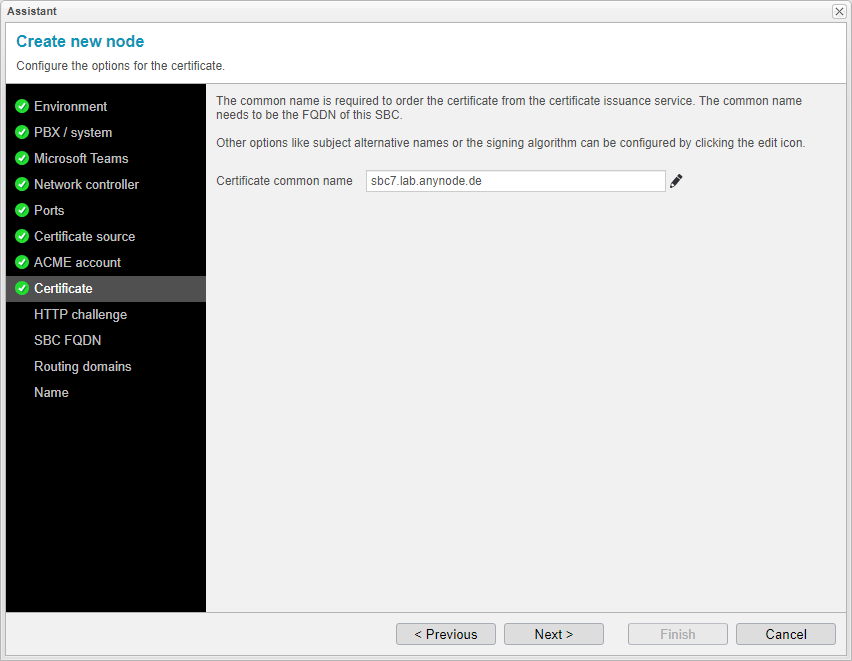 Screenshot: anynode assistant for the creation of a new node with input mask for the certificate common name to order the certificate from the certificate issuance service.