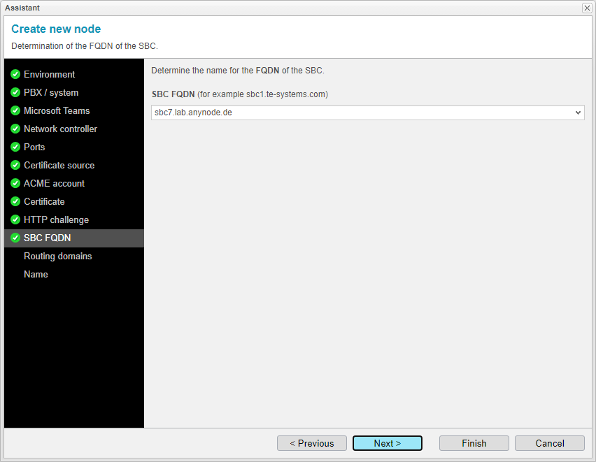 Screenshot:anynode assistant for the creation of a new node with determination of the SBC FQDN.