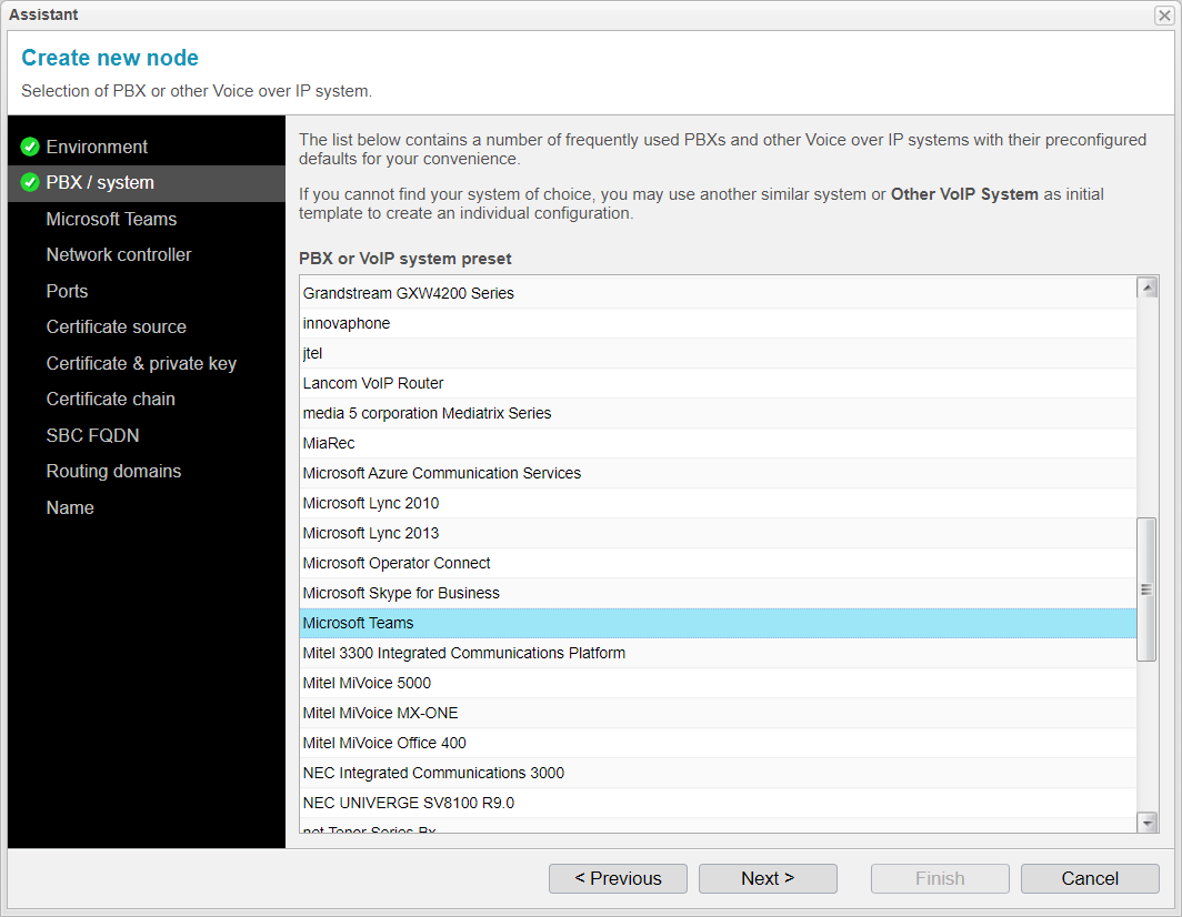 Screenshot: anynode assistant with a list of frequently used PBXs and other VoIP systems with their preconfigured defaults.