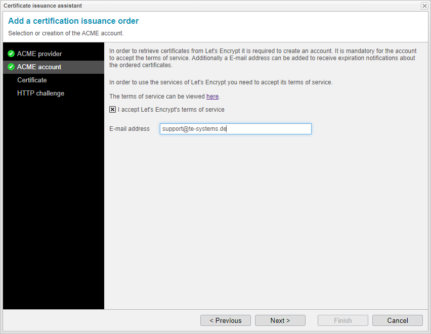 Screenshot: anynode certificate issuance assistant with creation of the ACME account for Let's Encrypt.