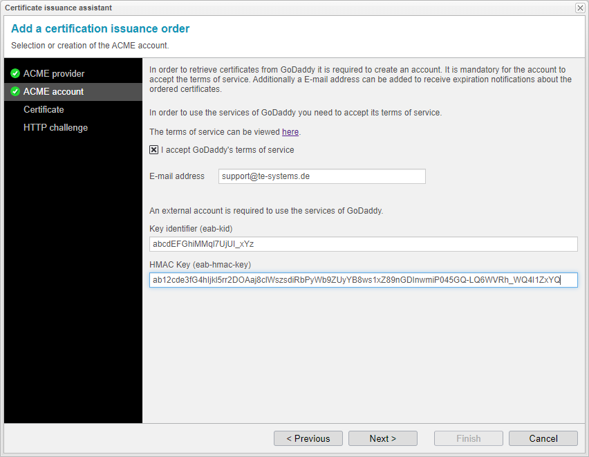 Screenshot: anynode certificate issuance assistant with creation of the ACME account for GoDaddy.