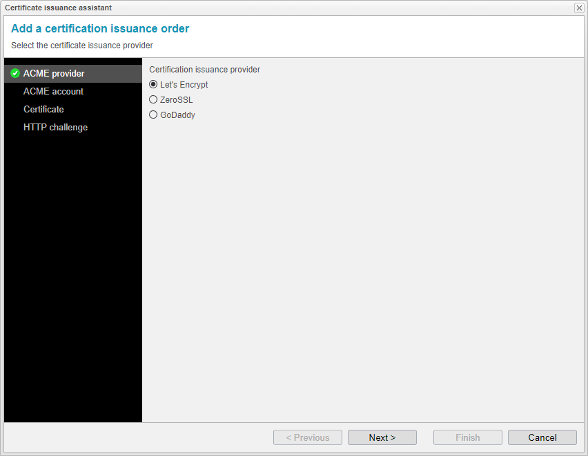 Screenshot: anynode certificate issuance assistant with selection of the ACME provider: Let's Encrypt, ZeroSSL or GoDaddy.