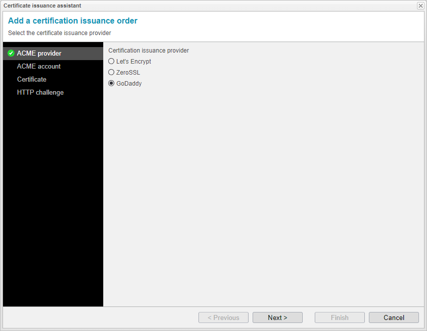 Screenshot: anynode certificate issuance assistant with selection of the ACME provider: GoDaddy