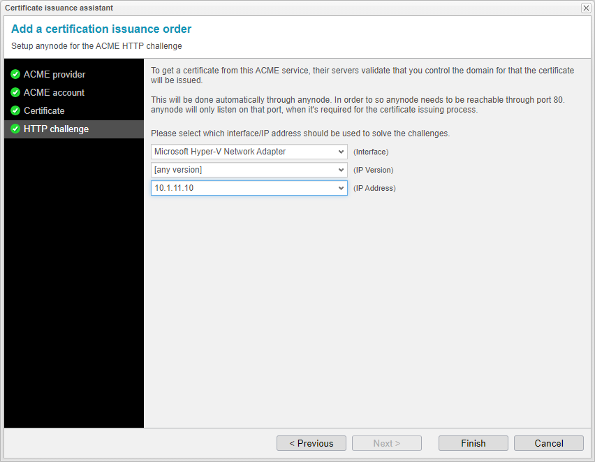 Screenshot: anynode certificate issuance assistant with setup for the ACME HTTP challenge.