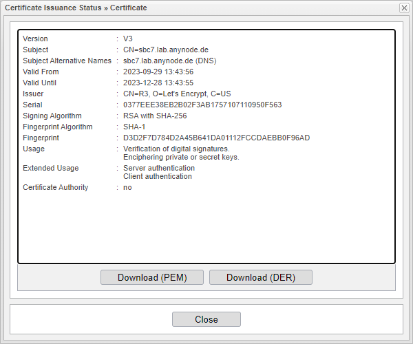 Screenshot: anynode certificate issuance status with details and download function.