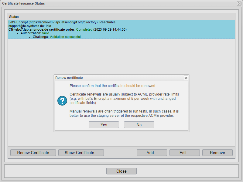 Screenshot: anynode certificate issuance status with renew certificate function.