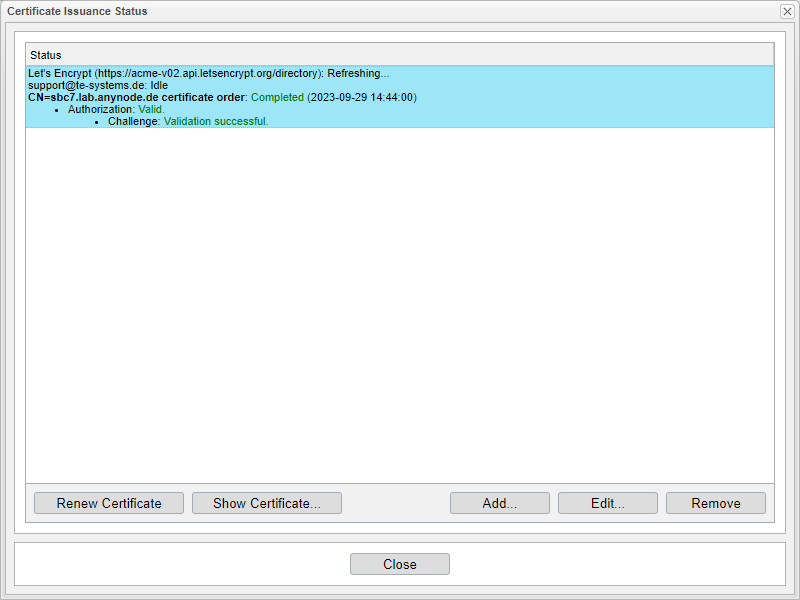 Screenshot: anynode certificate issuance status with successful certificate renewal.