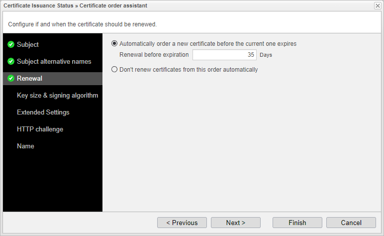 Screenshot: anynode certificate order assistant with certificate renewal configuration.