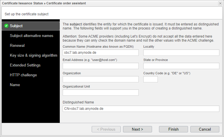 Screenshot: anynode certificate order assistant with certificate subject settings.