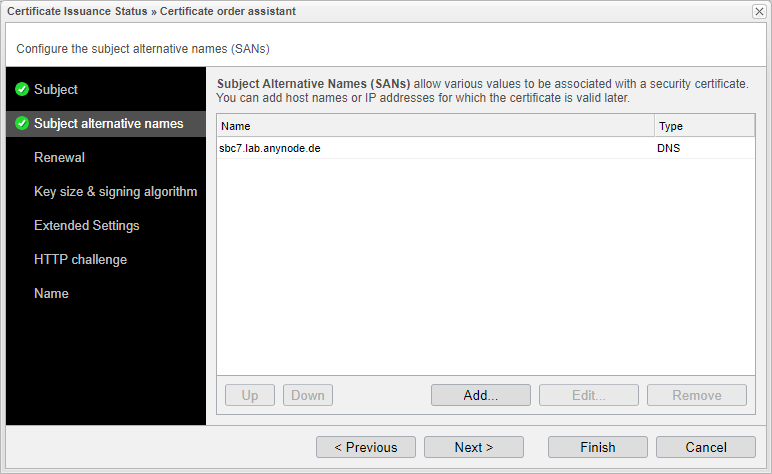 Screenshot: anynode certificate order assistant with certificate subject settings.