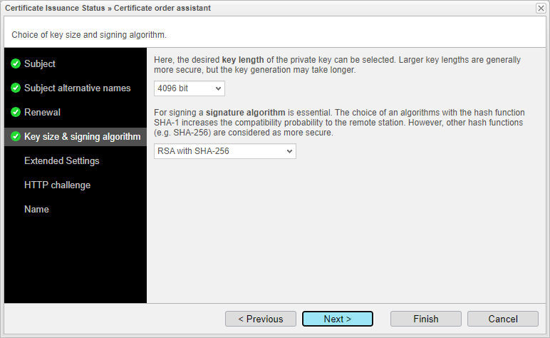 Screenshot: anynode certificate order assistant with choice of key size and signing algorithm.