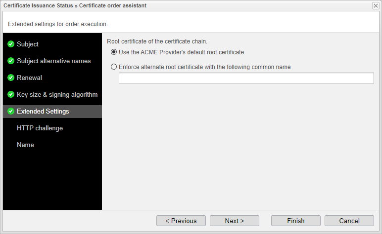 Screenshot: anynode certificate order assistant with extended settings for order execution.