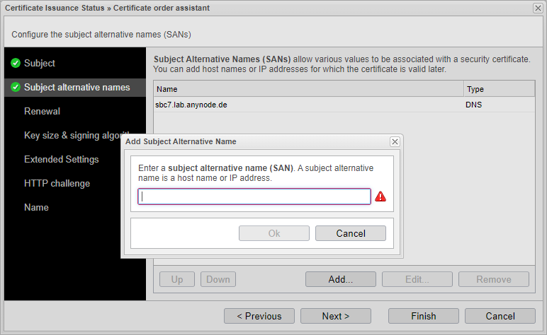 Screenshot: anynode certificate order assistant with input field for a subject alternative name.