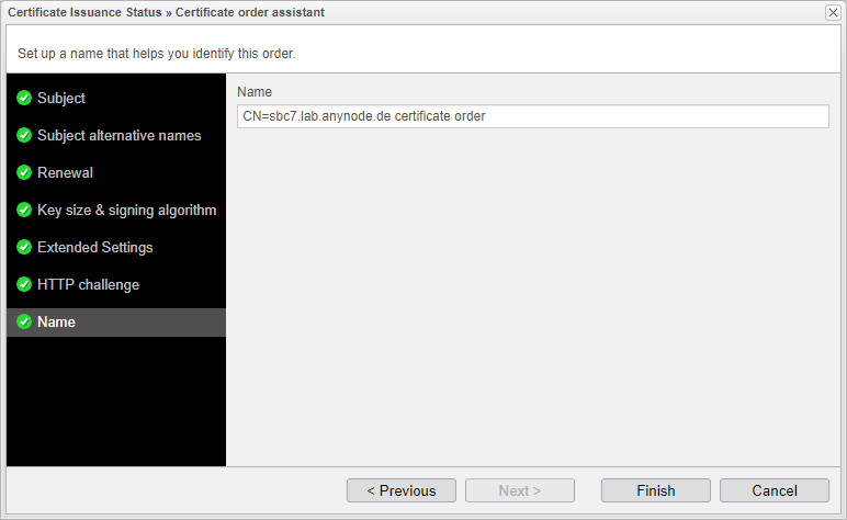 Screenshot: anynode certificate order assistant with name setting to identify the order.