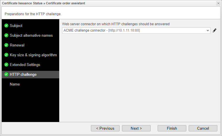 Screenshot: anynode certificate order assistant with preparations for the HTTP challenge.