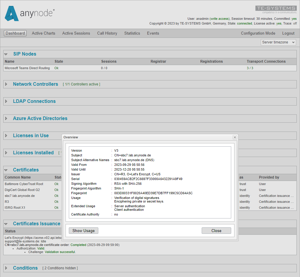 Screenshot: anynode dashboard with additional details about the issued certificate for Microsoft Teams Direct Routing.