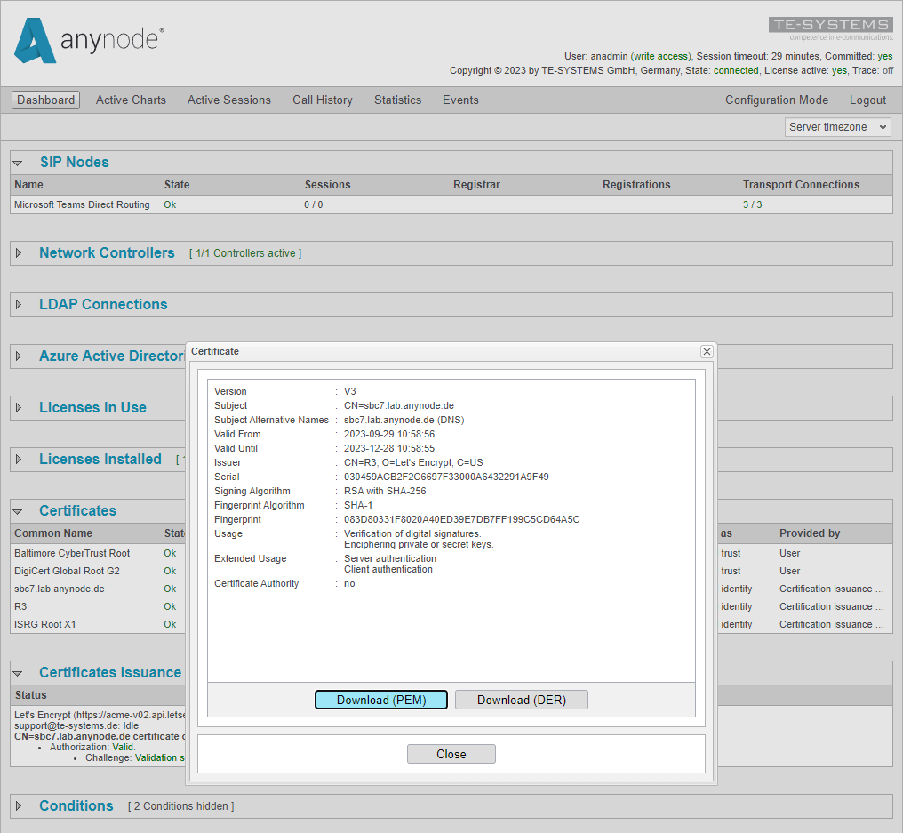 Screenshot: anynode dashboard with additional details about the issued certificate and download option.