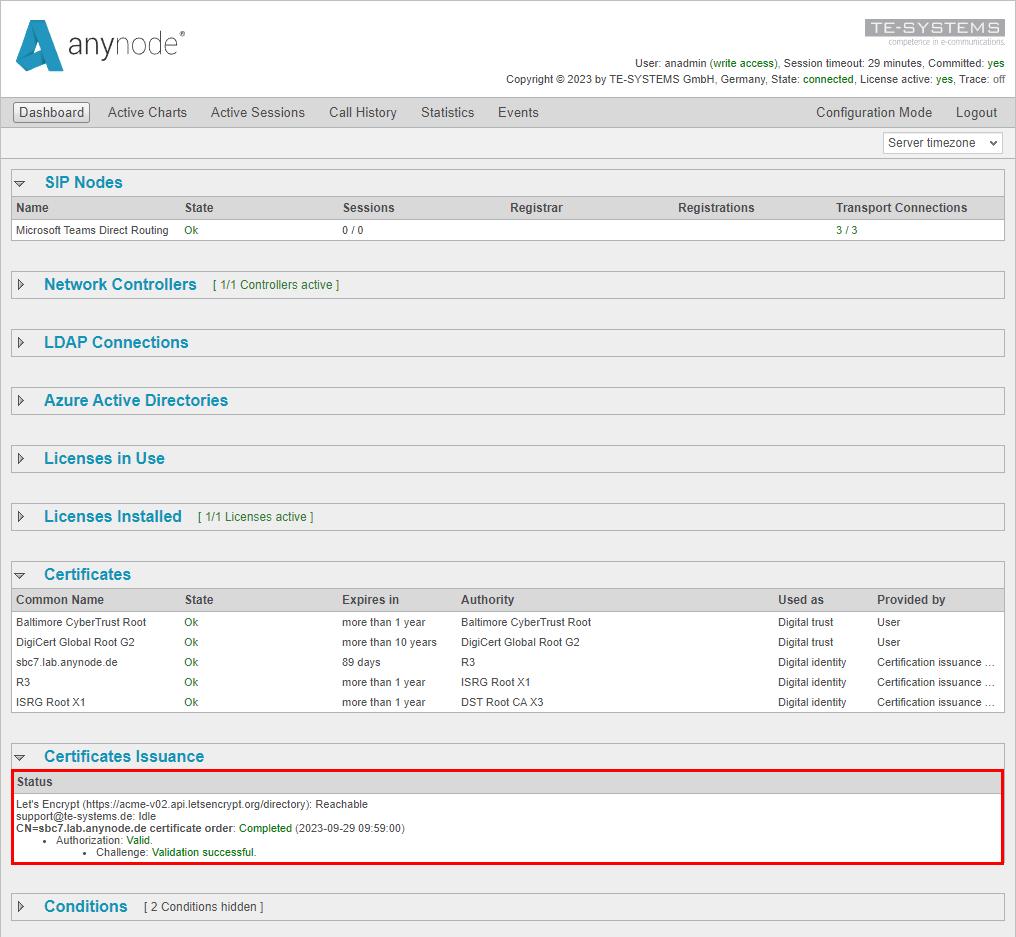 Screenshot: anynode dashboard with certificate issuance status display from Let's Encrypt.