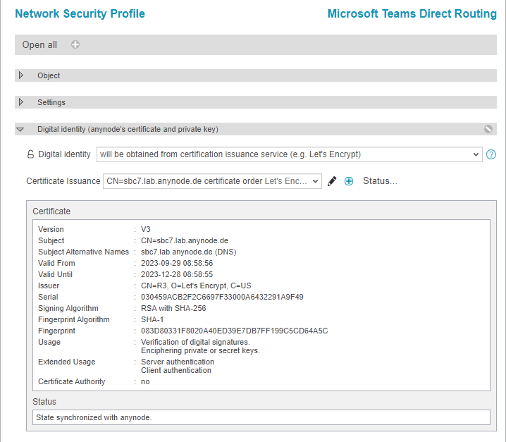 Screenshot: anynode frontend with digital identity overview of the ordered certificate.