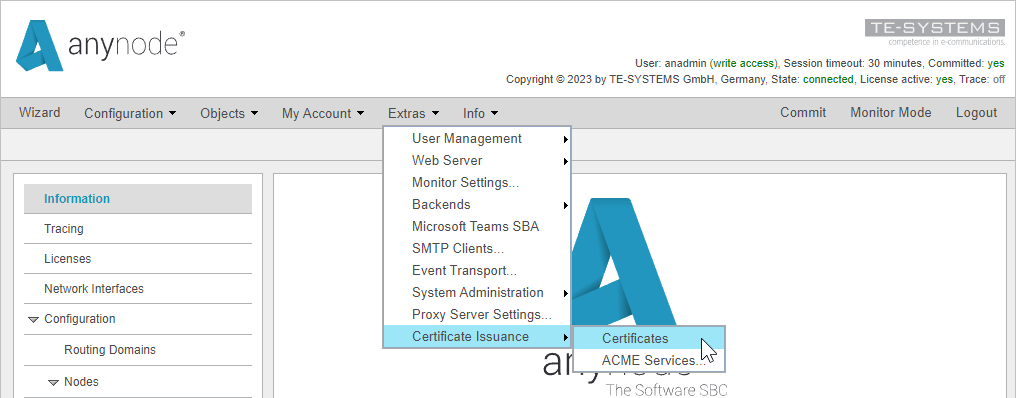 Screenshot: anynode frontend with extras menu and access to the certificate issuance status via certificate issuance and certificates.