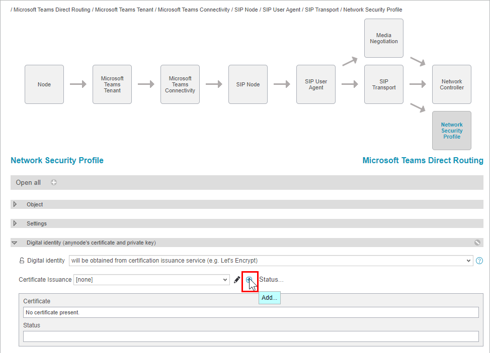 Screenshot: anynode frontend with network security profile object and certificate issuance add function.