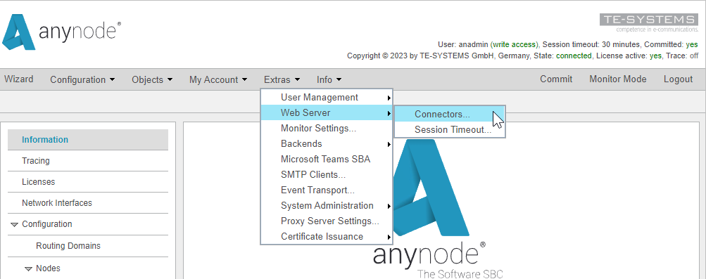 Screenshot: anynode frontend with the expanded extras menu and access to the web server connectors configuration.