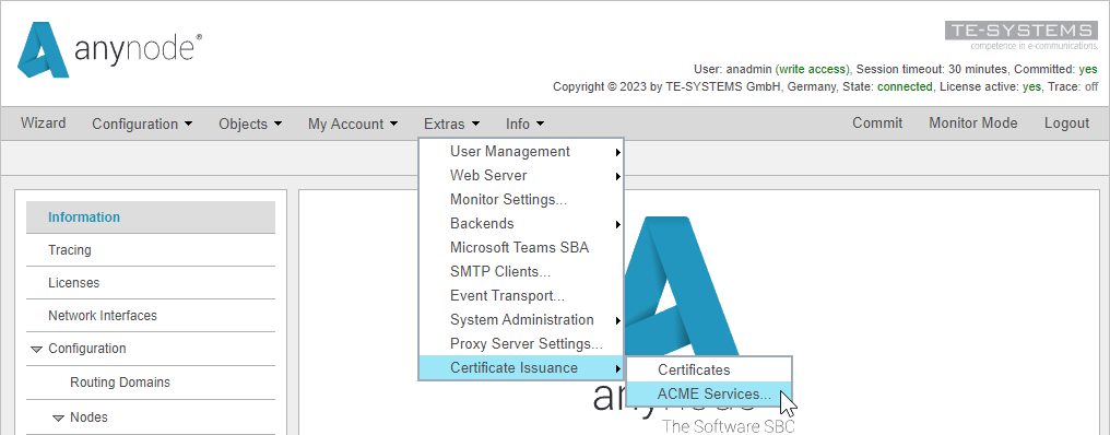 Screenshot: anynode frontend with the expanded extras menu and access to the ACME services function through certificate issuance.