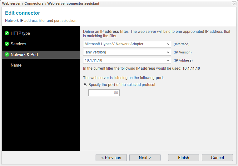 Screenshot: anynode frontend with web server connector assistant and network and port settings.