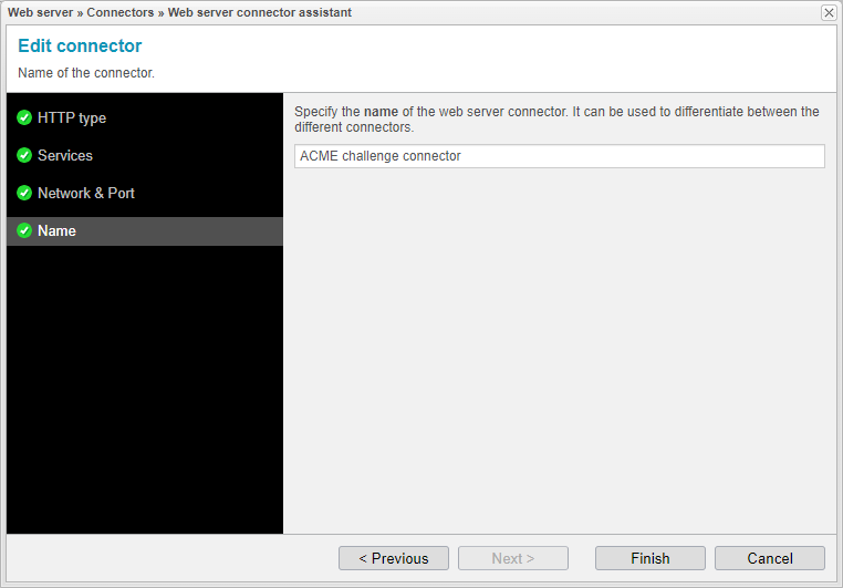 Screenshot: anynode frontend with web server connector assistant and specification of the name of the connector.