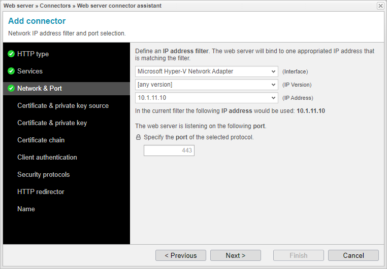 Screenshot: anynode frontend with web server connector assistant and network and port settings.