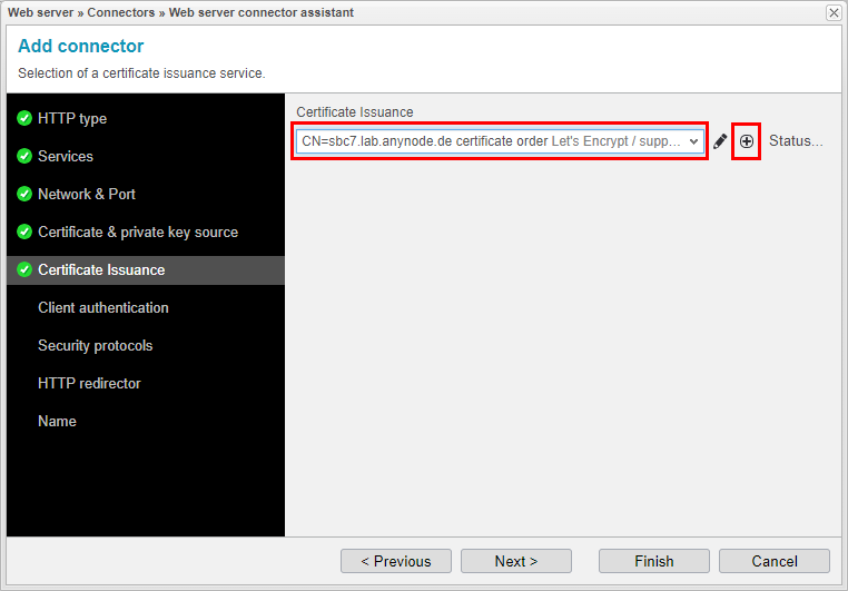 Screenshot: anynode frontend with web server connector assistant and certificate issuance service settings.