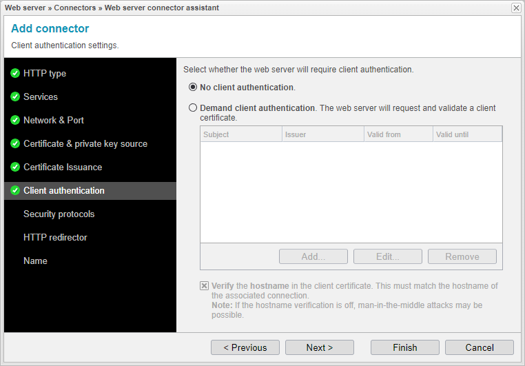 Screenshot: anynode frontend with web server connector assistant and network and client authentication settings.