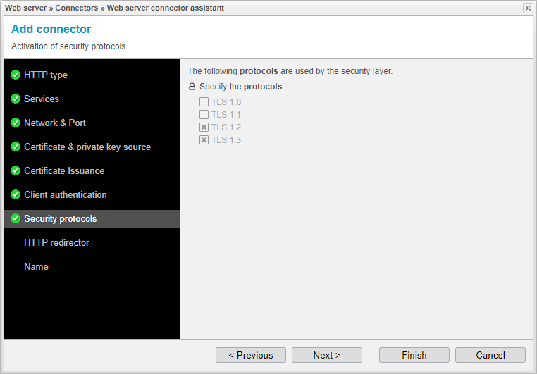 Screenshot: anynode frontend with web server connector assistant and activation of security protocols.