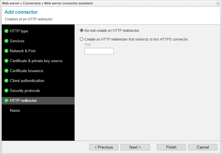 Screenshot: anynode frontend with web server connector assistant and HTTP redirector settings.