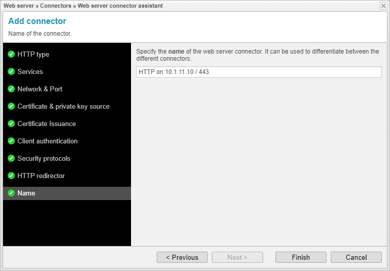 Screenshot: anynode frontend with web server connector assistant and specification of the name of the connector.