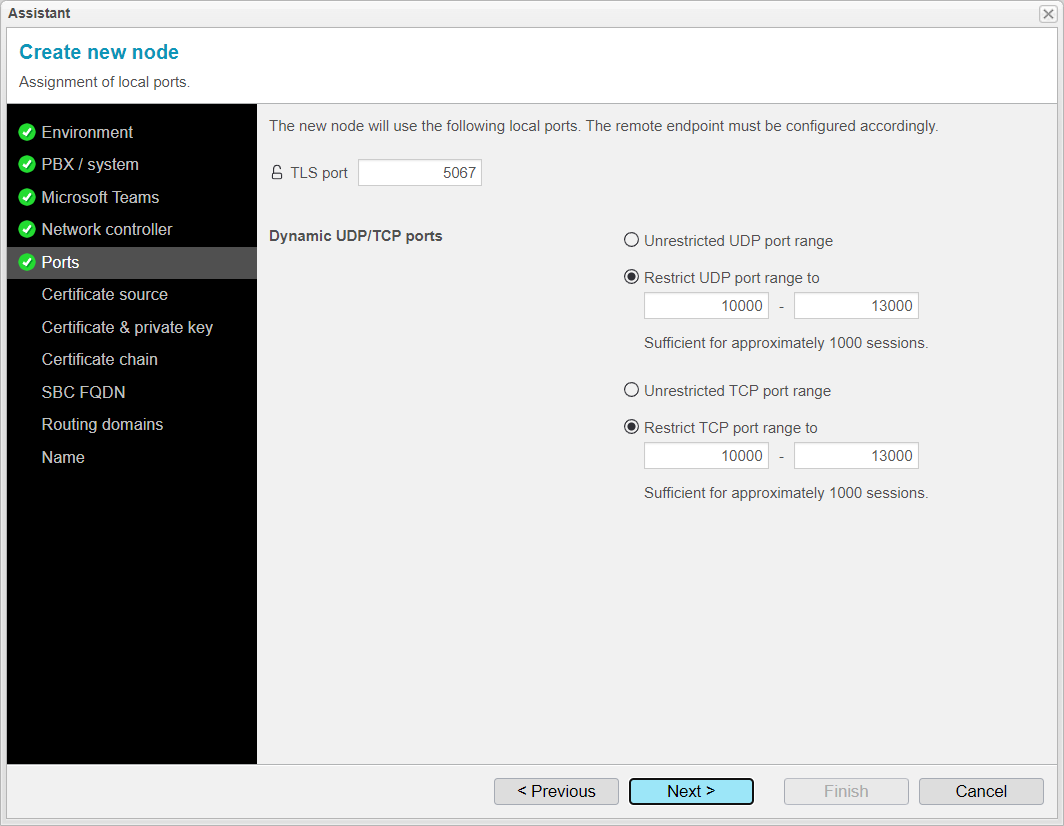 Screenshot: anynode node assistant with assignment of ports for a Microsoft Teams Direct Routing node.