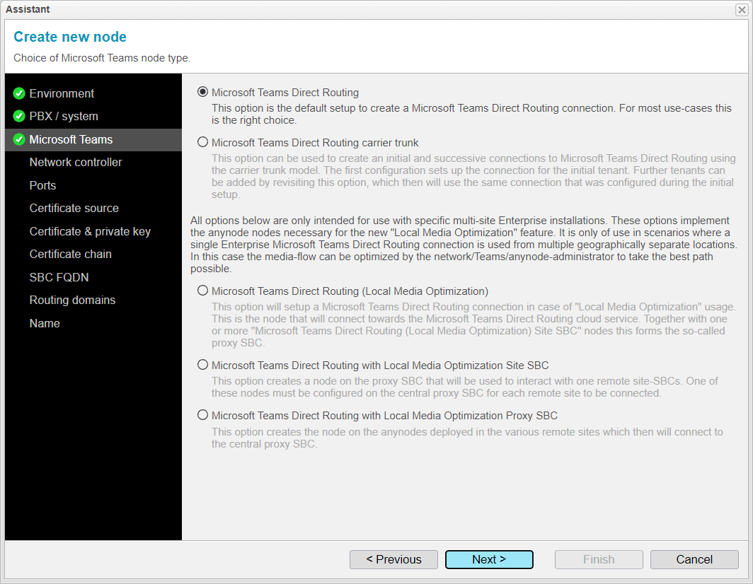 Screenshot: anynode node assistant with choice of the Microsoft Teams node type. Options include Microsoft Teams Direct Routing, carrier trunk, and local media optimization for Microsoft Teams Direct Routing.