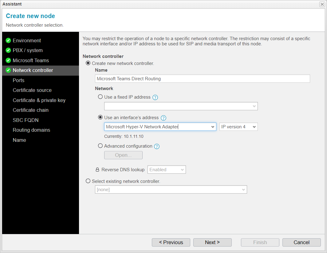 Screenshot: anynode node assistant with selection of the network controller for a Microsoft Teams Direct Routing node.