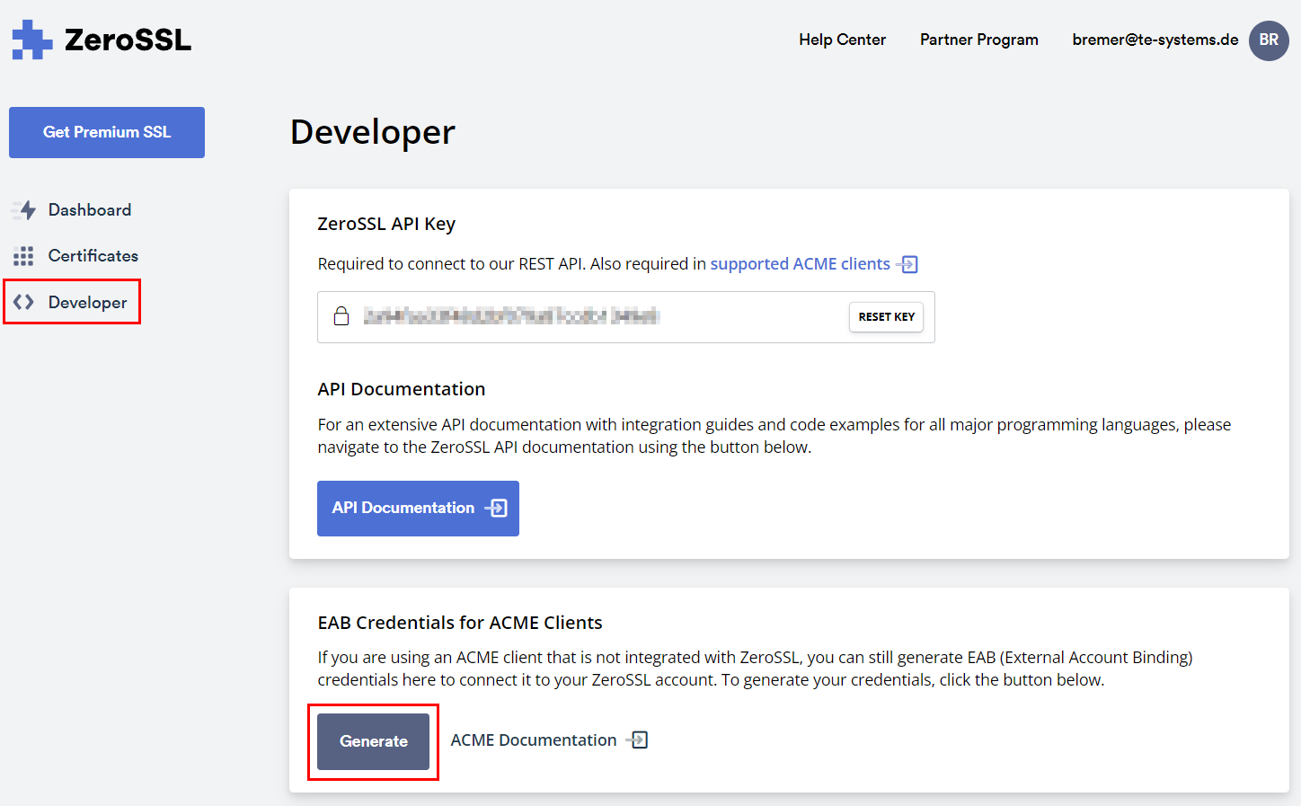 Screenshot: Generate EAB credentials for ACME clients through the ZeroSSL developer page.