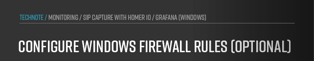 Graphic: Set up Windows Firewall rules to allow HEP traffic so anynode can send SIP capture data to the Homer 10 monitoring stack.